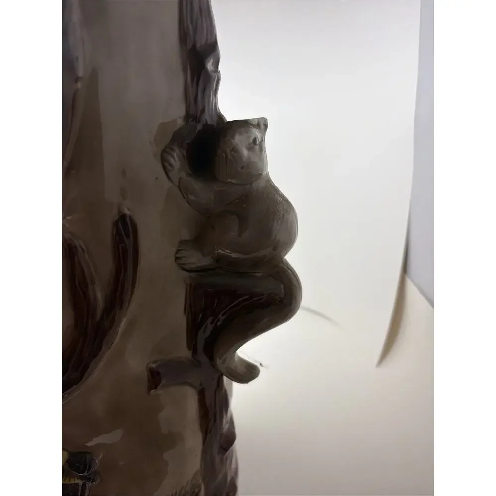 Ceramic Umbrella Stand Mid Century Majolica Raccoon in Tree 3D Woodland